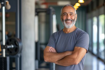 Smiling Middle Eastern senior man in a fitness center - obrazy, fototapety, plakaty