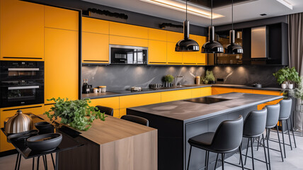 Ideas and reference for modern kitchen interior design. Bright space. Presentation and advertising of a stylish kitchen. Wood texture, matte yellow, black marble.