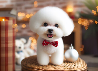 Adorable perrito blanco y feliz de la raza Bichon Frize, en un interior en Navidad.