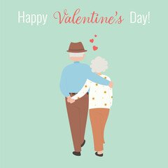 Happy Valentine Day greeting card with elder
senior couple hugging. Growing old hand in hand. Old couple in love walking. Elderly couple concept. 