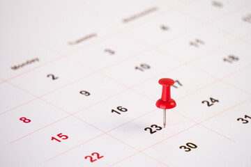 close up of a calendar with red push pin