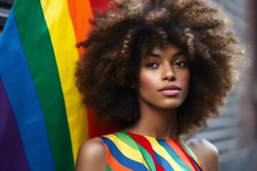 Young african american woman with afro hairstyle and rainbow flag - Powered by Adobe