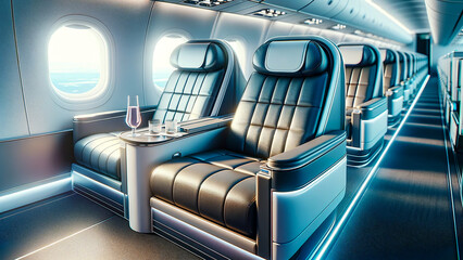 Inside a premium airplane cabin with views out the window.