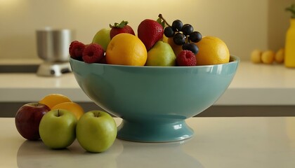 A glossy ceramic bowl filled with fresh fruit, positioned on a kitchen counter