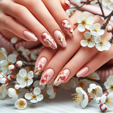 Female hands with pink manicure and white flowers on a white background.