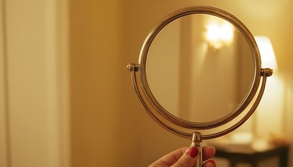 A small, handheld mirror, reflecting a brightly lit room