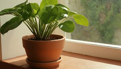 A vibrant green houseplant in a terracotta pot, placed beside a sunny window