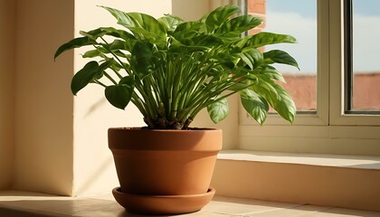 A vibrant green houseplant in a terracotta pot, placed beside a sunny window