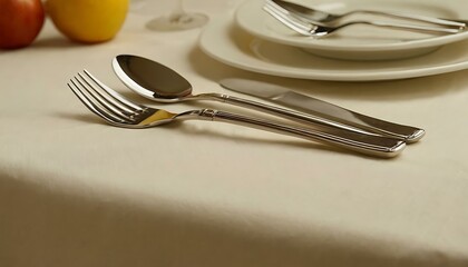 A set of silverware, neatly aligned on a light-colored, clean tablecloth