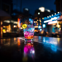 Fototapeta na wymiar colorful cocktail with splashing liquid in a glass garnished with a lemon slice, set against a blurred bar background with bokeh lights