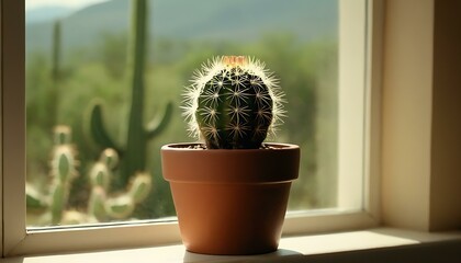 A small, potted cactus, sitting on a sunny windowsill