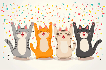 Cats dancing on a light background, standing with their paws up, celebrating World Cat Day
