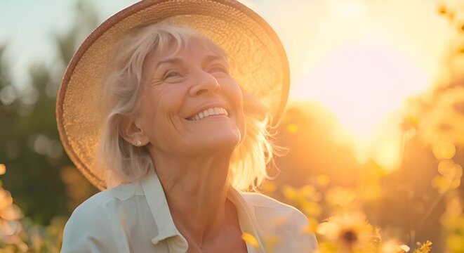 Smiling elderly woman in a hat against a blooming field. Happiness and zest for life concept.