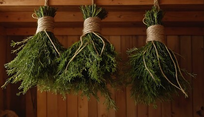A bundle of aromatic cedar branches, tied with twine, hanging in a cozy cabin