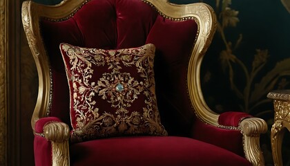 A plush velvet cushion, embroidered with golden thread, nestled on a regal armchair