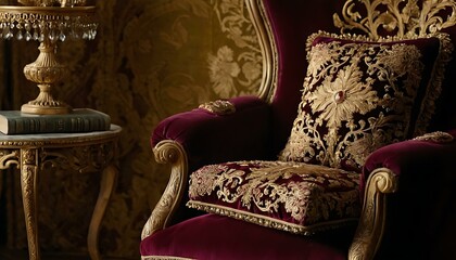A plush velvet cushion, embroidered with golden thread, nestled on a regal armchair
