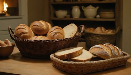 A woven basket, overflowing with freshly baked bread loaves, on a farmhouse kitchen table - Powered by Adobe