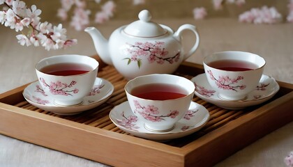 A set of porcelain tea cups, adorned with delicate cherry blossoms, on a bamboo tray
