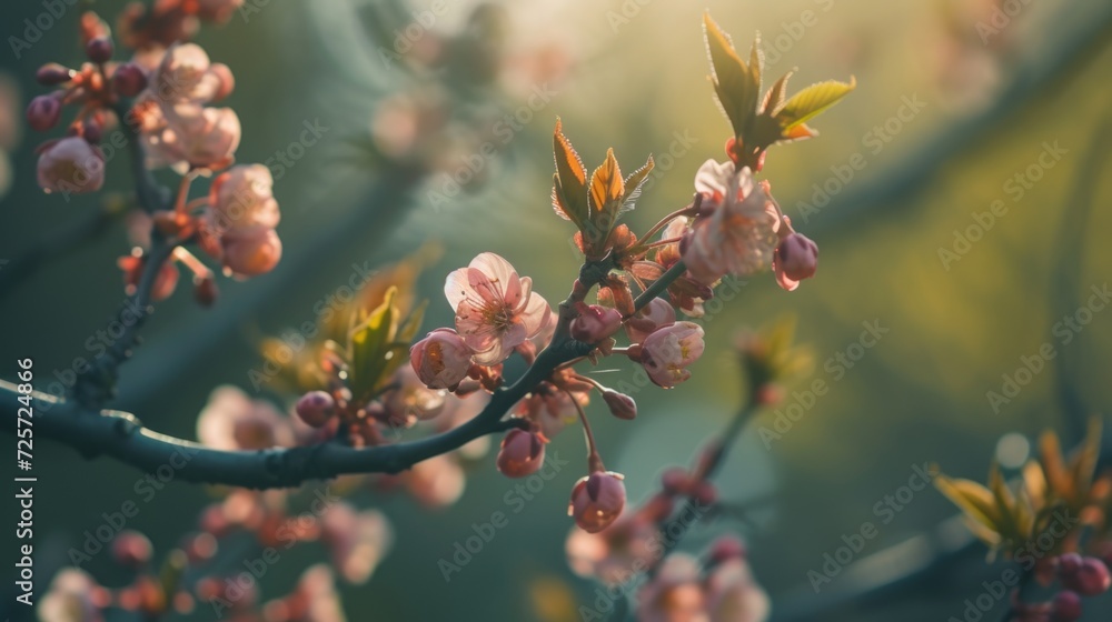 Aufkleber A close-up view of a branch from a tree with pink flowers. This image can be used to add a touch of nature and beauty to various projects