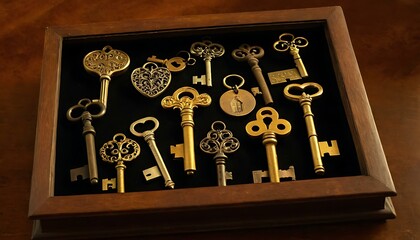 Obraz na płótnie Canvas A collection of antique keys, each one unique, displayed in a glass shadow box
