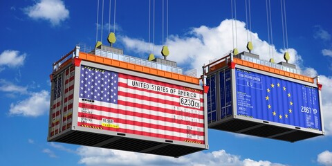 Shipping containers with flags of USA and European Union - 3D illustration © PX Media