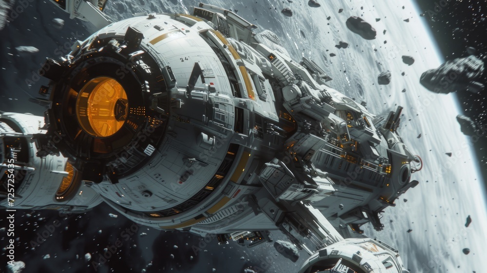 Poster a space station located in the center of a planet. suitable for science fiction or futuristic concep