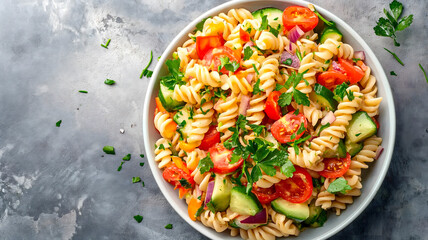 Vista superior de un plato de ensalada de pasta con tomate, lechuga, albahaca como ejemplo de comida sana - obrazy, fototapety, plakaty