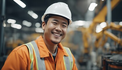 Portrait of a happy asian factory worker wearing hard hat and work clothes