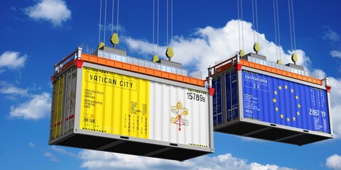 Shipping containers with flags of Vatican City and European Union - 3D illustration - obrazy, fototapety, plakaty
