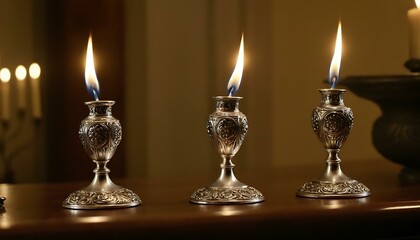 A set of ornate silver candle snuffers, intricately engraved, on a mantelpiece