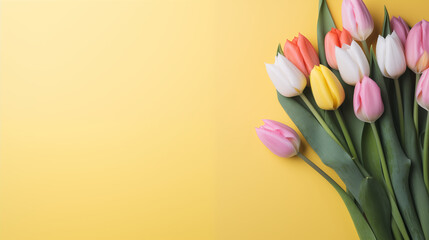 Kwiatowe żółte minimalistyczne tło na życzenia z okazji Dnia Kobiet, Dnia Matki, Dnia Babci, Urodzin czy pierwszego dnia wiosny. Szablon na baner lub mockup z ściętymi tulipanami
