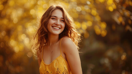 beautiful woman in yellow dress happy and smiling