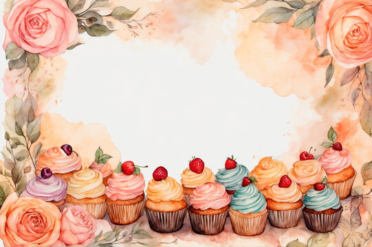 form for congratulations on a birthday, wedding or menu made in watercolor with cupcakes.