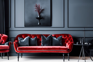 Luxoröses, rotes Sofa vor einer grauen Wand