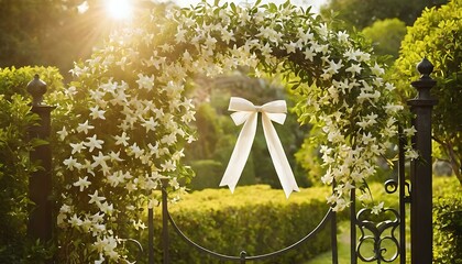 A bundle of fragrant jasmine, tied with a ribbon, adorning a sunlit garden gate