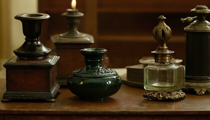 Fototapeta na wymiar A collection of antique inkwells, each one bearing the patina of time, on a writing desk