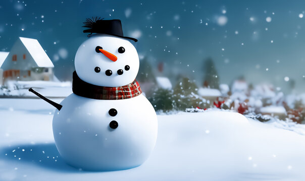 Lustiger Schneemann steht auf einer Wiese im Schnee