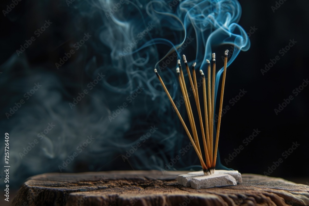 Poster a group of incense sticks sitting on top of a piece of wood. can be used to create a peaceful and re