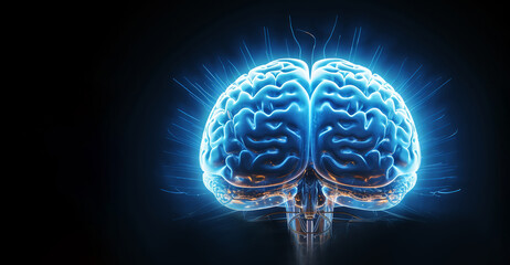 Abstract blue polygonal brain hologram on blurry wallpaper. AI and machine learnign concept.