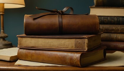 A stack of antique leather-bound journals, their pages yellowed with age, on a writer's desk
