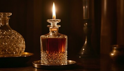 Obraz na płótnie Canvas A crystal decanter, filled with amber whiskey, catching the light of a flickering candle