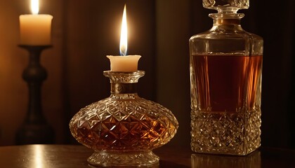 Obraz na płótnie Canvas A crystal decanter, filled with amber whiskey, catching the light of a flickering candle