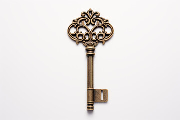 Old Key on white background. Vintage ornate brass key,