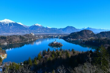 View of Bled lake and the island with the church in Slovenia