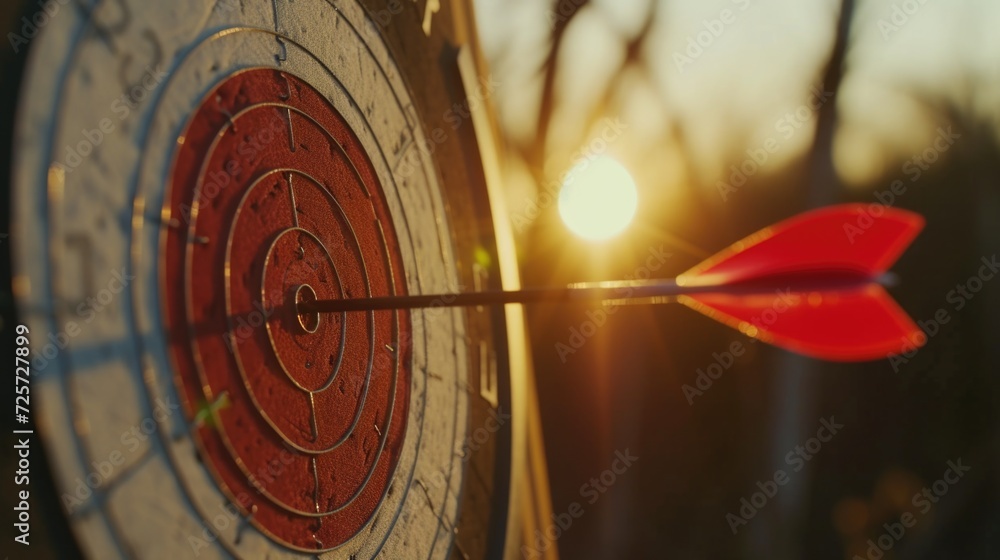 Poster A red arrow placed in the center of a bulls eye. Suitable for target achievement and precision concepts