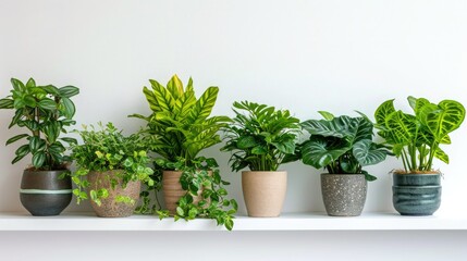 Fototapeta premium Potted indoor plants lined up on a white surface, promoting urban gardening and interior greenery