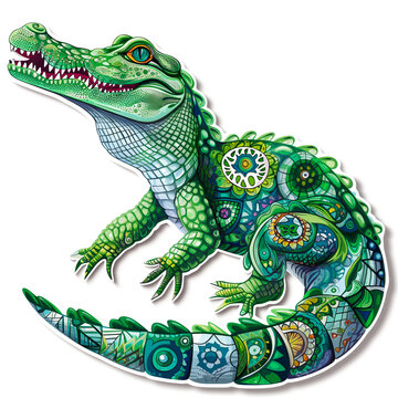 Isolated image for sticker, alligator in zentangle patterns, generated AI