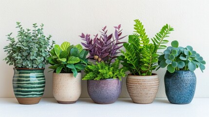 Potted indoor plants lined up on a white surface, promoting urban gardening and interior greenery