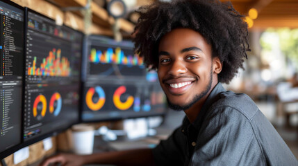 smiling young man at a desk with multiple computer screens displaying colorful data analysis graphs - obrazy, fototapety, plakaty