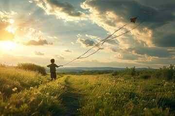 A boy runs after a kite in a meadow. Flying kites in the countryside. Child running in the field  - obrazy, fototapety, plakaty